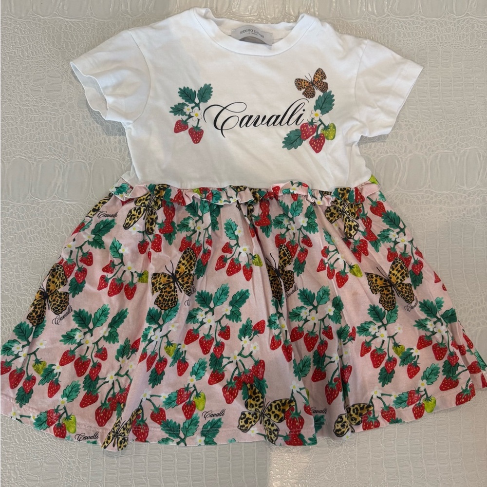 Roberto Cavalli White and Pink Kids Dress with Strawberry and Butterfly Print